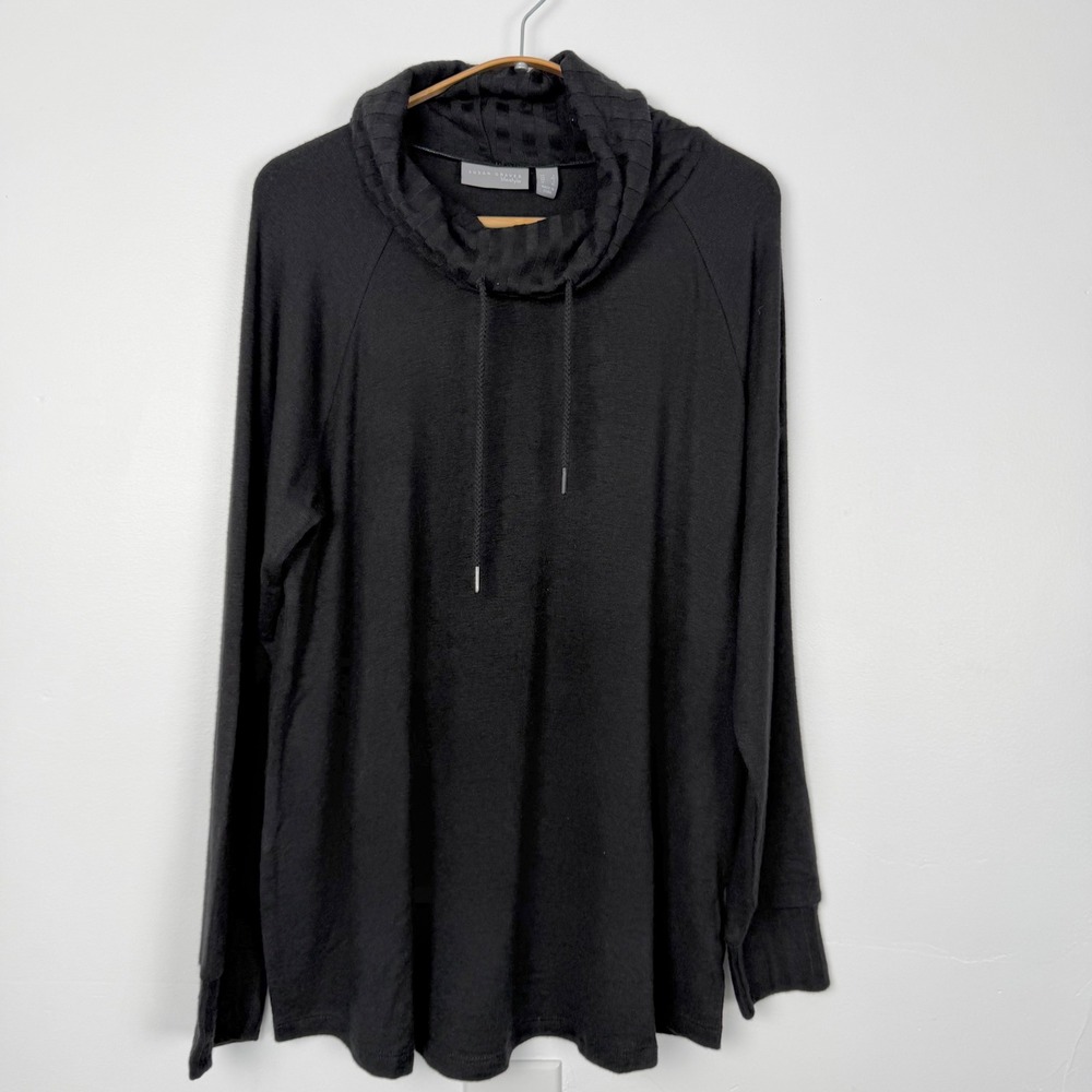 Susan Graver Lifestyle Womens Large Black Cowl Neck Drawstring Top Long Sleeve